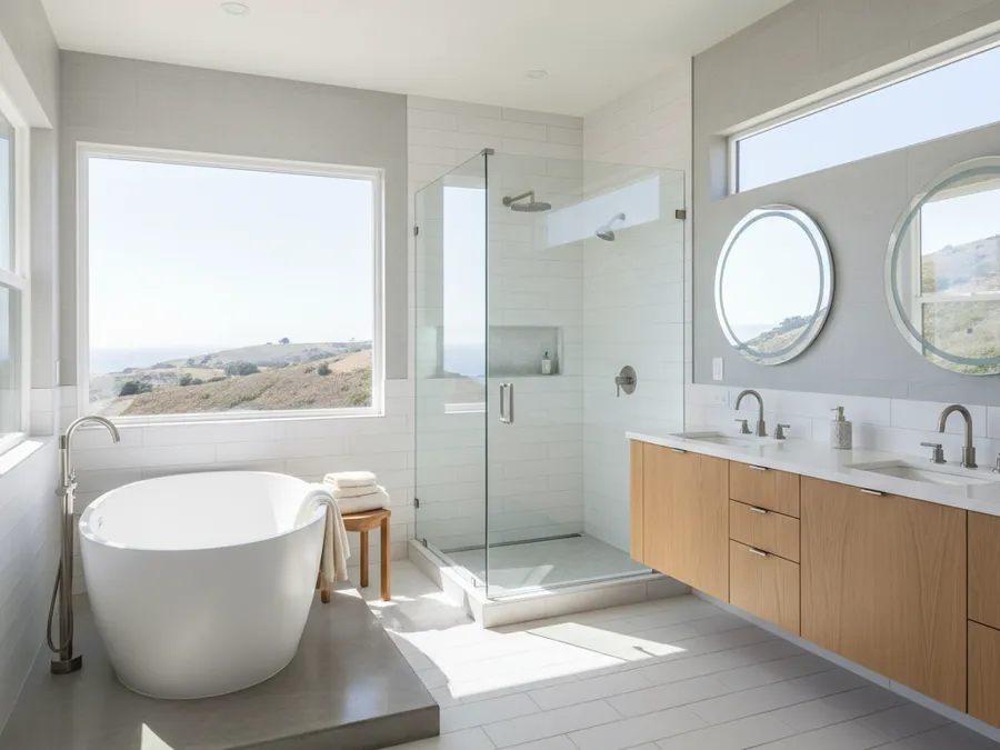 Illustration of a remodeled bathroom with a freestanding tub and glass shower