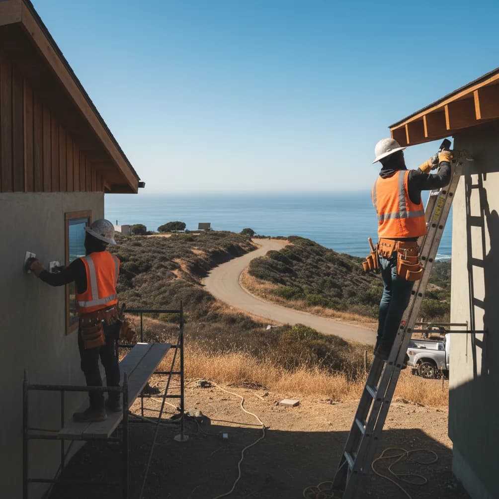 Illustration of two crew members in safety gear working on a home exterior