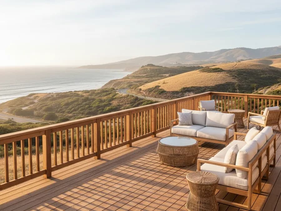 Illustration of a new wood deck with railing and outdoor furniture, hillside view