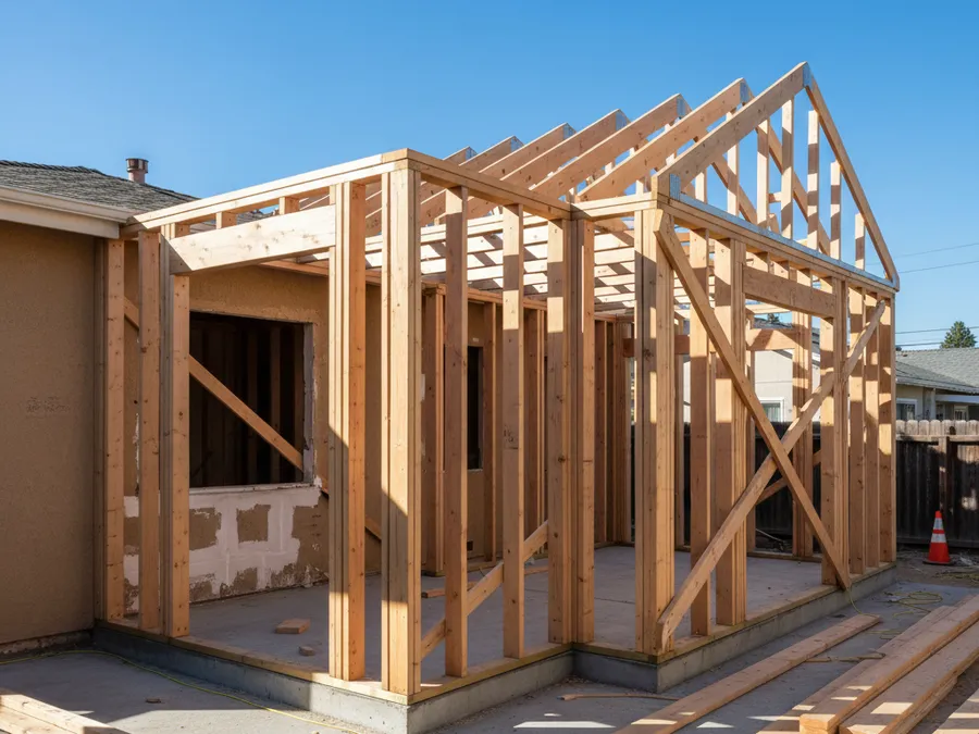 Illustration of a wood-framed room addition under construction