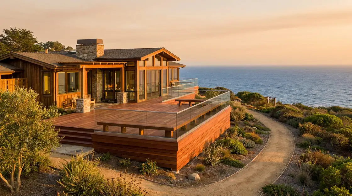 Illustration of a Central Coast home with a newly built wood deck overlooking the ocean