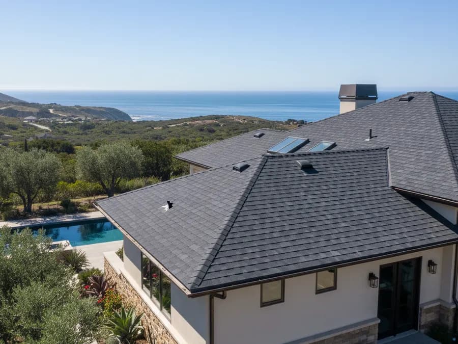 Illustration of a newly shingled roof on a home under clear sky